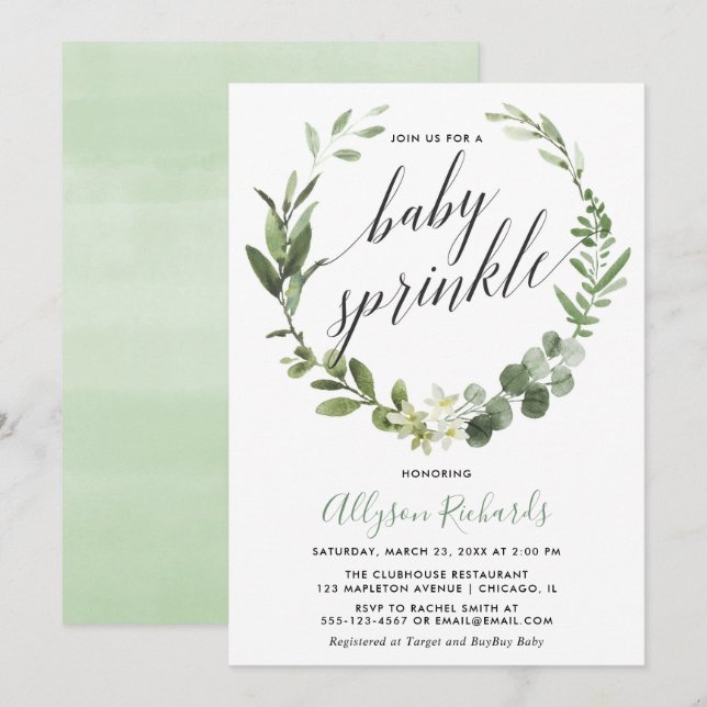 Invitation Eucalyptus couronne sexe neutre bébé aspersion (Devant / Derrière)