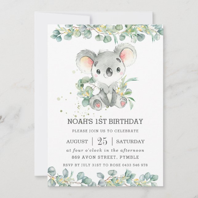 Invitation Eucalyptus Cute Koala, fête d'anniversaire (Devant)