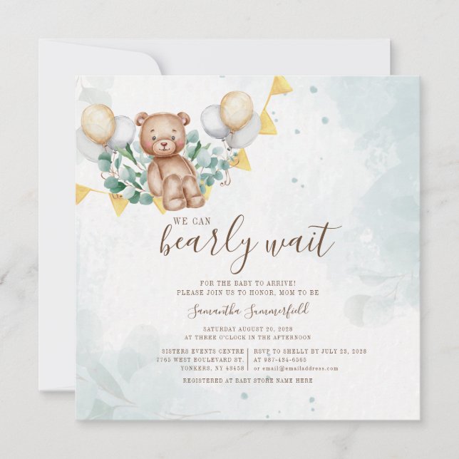 Invitation Eucalyptus de l'ours Baby shower d'aquarelle (Devant)