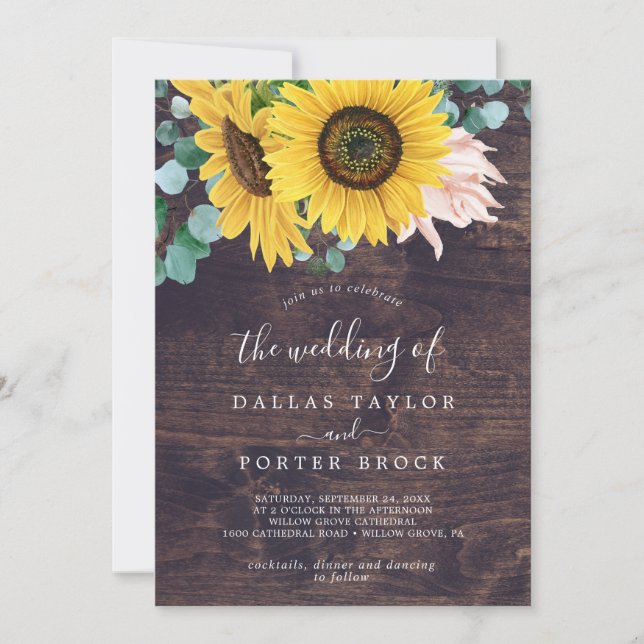 Invitation Eucalyptus de tournesol russe | Bois Le Mariage de (Devant)