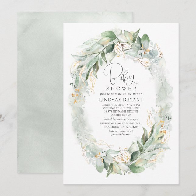 Invitation Eucalyptus d'or Baby shower Boho Wreath (Devant / Derrière)