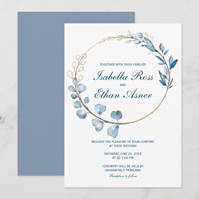 Invitation Eucalyptus Dusty mariage bleu et or (Devant / Derrière)