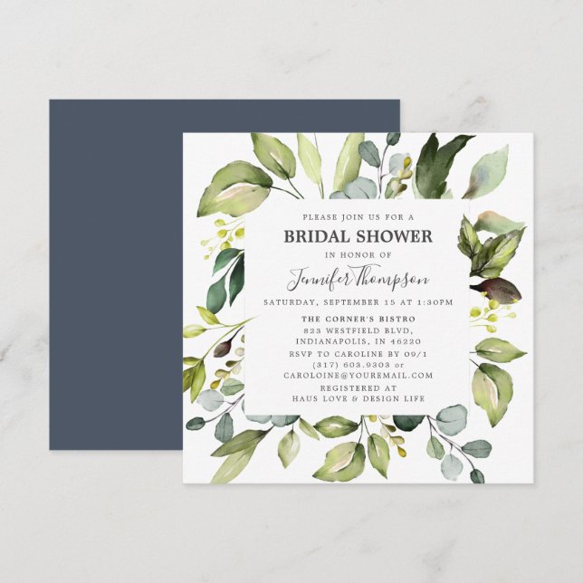 Invitation Eucalyptus élégant avec Fête des mariées verte (Devant / Derrière)