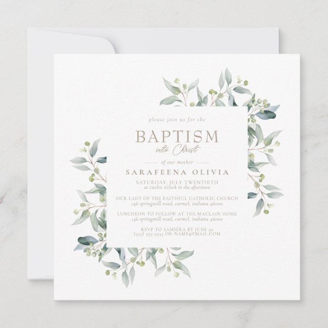 Invitation Eucalyptus encadré Baptême simple et élégante de l (Devant)