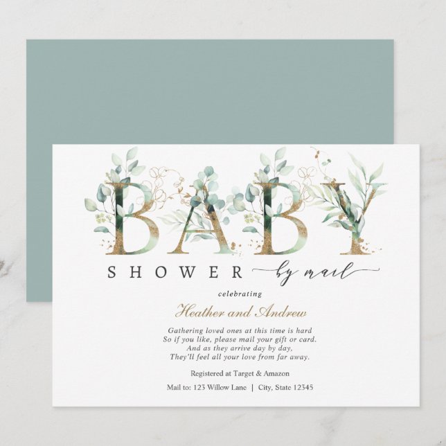 Invitation Eucalyptus et Baby shower de lettres d'or par cour (Devant / Derrière)