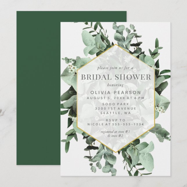 Invitation Eucalyptus et Fête des mariées d'aquarelle verte (Devant / Derrière)