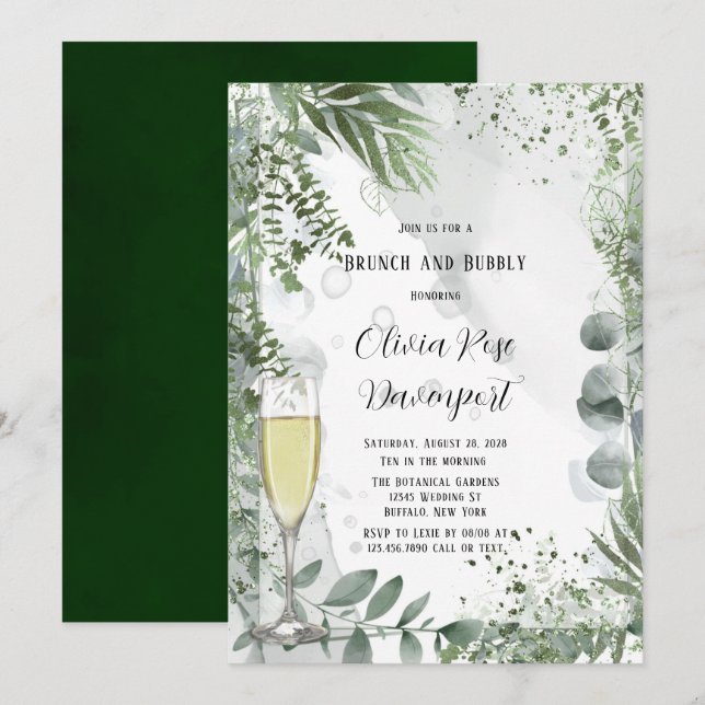 Invitation Eucalyptus Feuille Brunch et Bubbly (Devant / Derrière)