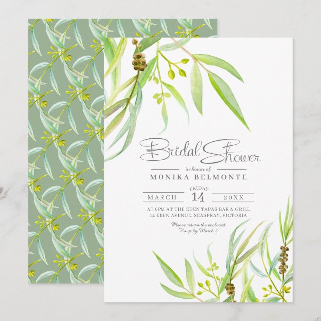 Invitation Eucalyptus feuille douche nuptiale aquarelle (Devant / Derrière)