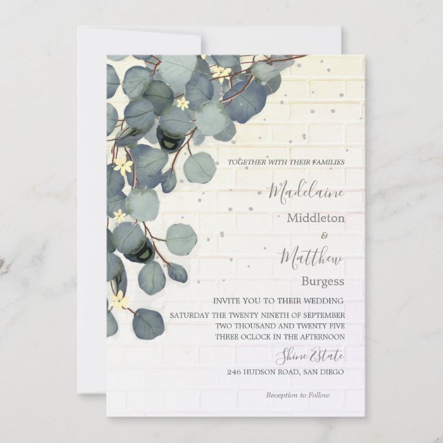 Invitation Eucalyptus Feuille Floral Brick Rustique Mariage (Devant)