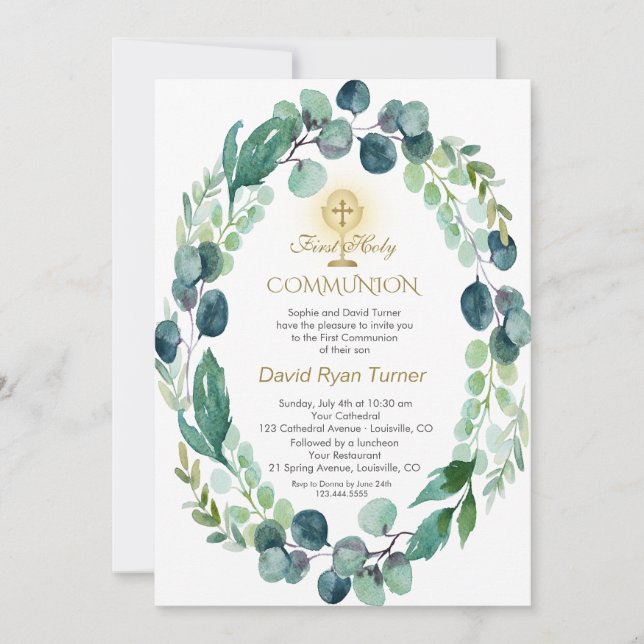 Invitation Eucalyptus Feuilles Wreath Gold Holy Communion (Devant)