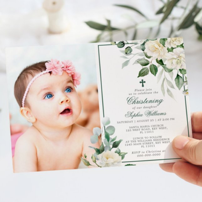 Invitation Eucalyptus Fleurs Blanches Photo Girl Christening (Créateur téléchargé)