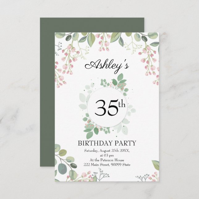 Invitation Eucalyptus Fleurs & Wreath Anniversaire (Devant / Derrière)