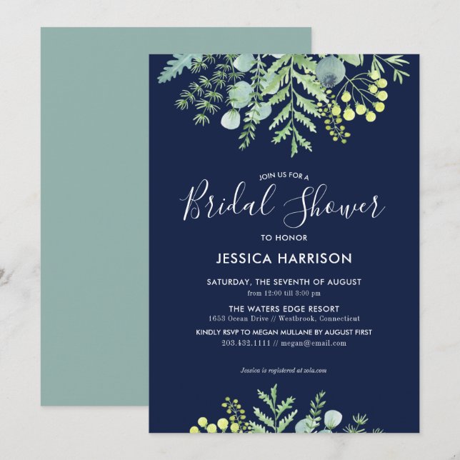 Invitation Eucalyptus Floral Bridal Douche Marine (Devant / Derrière)