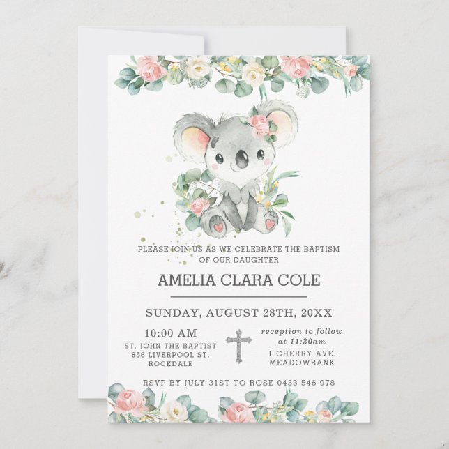 Invitation Eucalyptus Floral Cute Koala Baptême Christening (Devant)