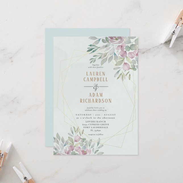 Invitation Eucalyptus floral Geo Lines Sage Green Mariage (Devant/Arrière en situation)