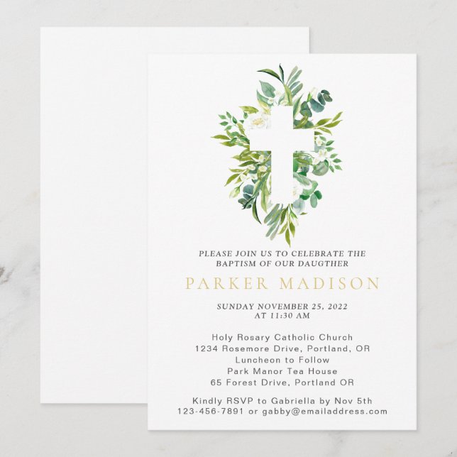 Invitation Eucalyptus Floral Greens Aquarelle Croix Baptême (Devant / Derrière)