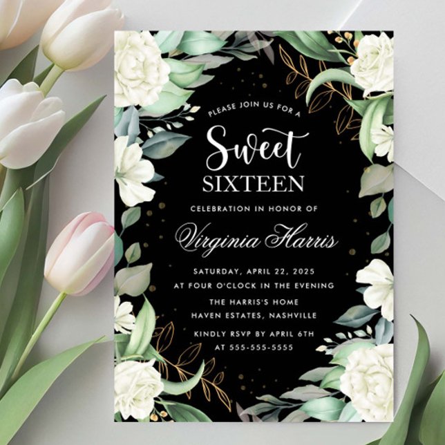 Invitation Eucalyptus Floral Sweet sixteen noir 16 Anniversai (Créateur téléchargé)