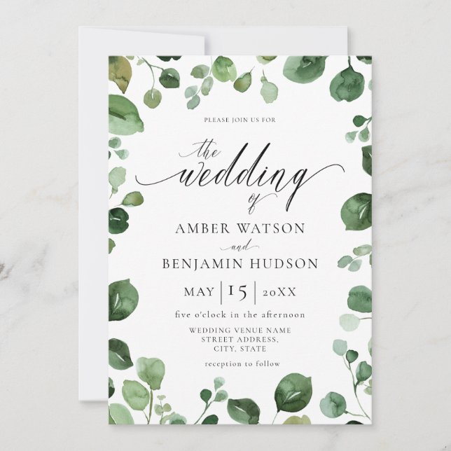 Invitation Eucalyptus Foliage Aquarelle Verdure Mariage (Devant)
