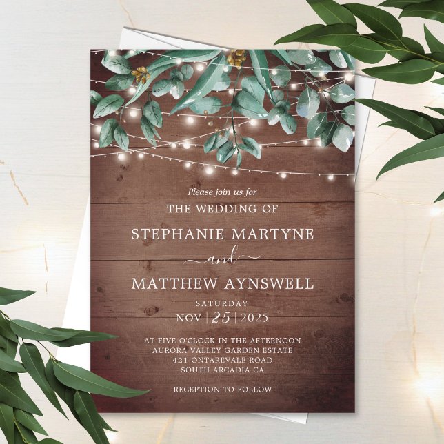 Invitation Eucalyptus Foliage Lumières rustiques Mariage en b (Créateur téléchargé)