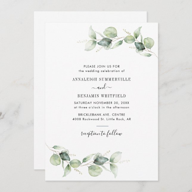 Invitation Eucalyptus Foliage Vert Mariage rustique (Devant / Derrière)
