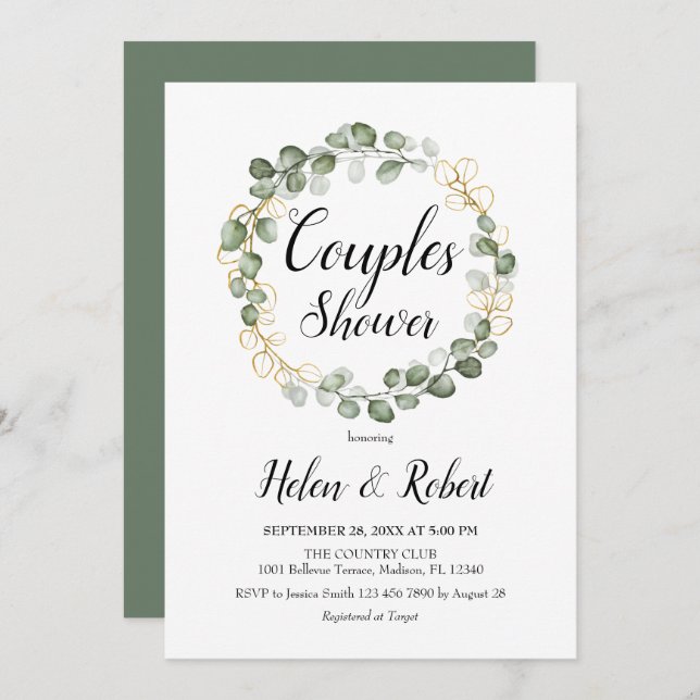 Invitation Eucalyptus Foliage Wreath Couples Douche (Devant / Derrière)