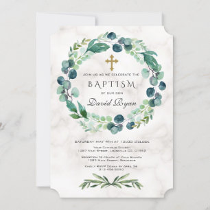 Invitation Eucalyptus Foliage Wreath Cross Marble Boy Baptême
