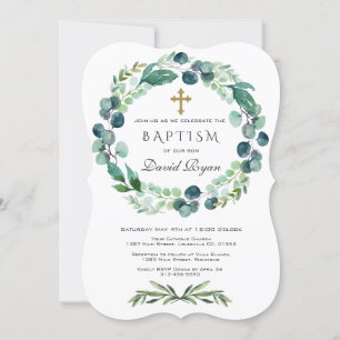 Invitation Eucalyptus Foliage Wreath Gold Cross Boy Baptême g