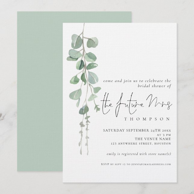 Invitation Eucalyptus Future Mme Fête des mariées (Devant / Derrière)