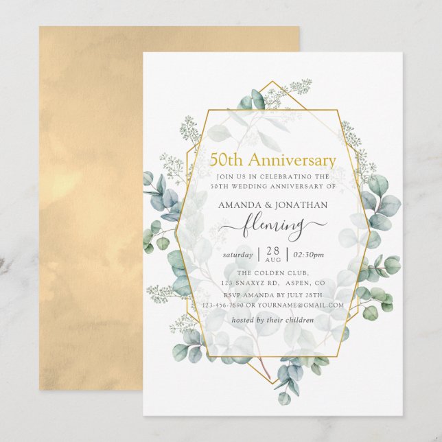 Invitation Eucalyptus Géométrique 50e Anniversaire de Mariage (Devant / Derrière)