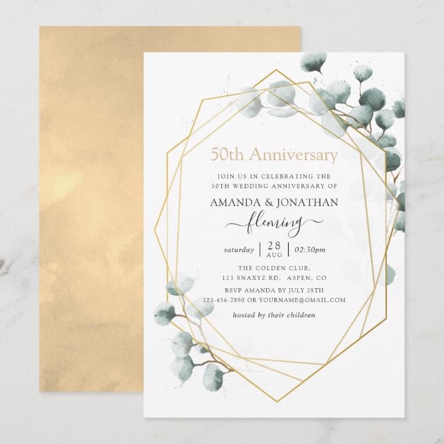 Invitation Eucalyptus Géométrique 50e Anniversaire de Mariage (Devant / Derrière)