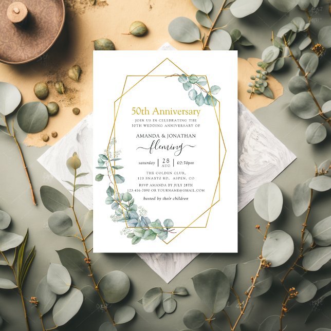 Invitation Eucalyptus géométrique 50e anniversaire de Mariage (Créateur téléchargé)
