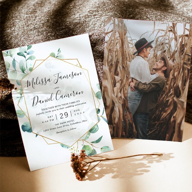 Invitation Eucalyptus géométrique vert avec photo (Créateur téléchargé)