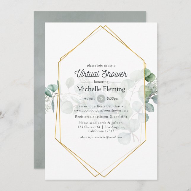 Invitation Eucalyptus Géométrique Virtual Bride ou Baby showe (Devant / Derrière)