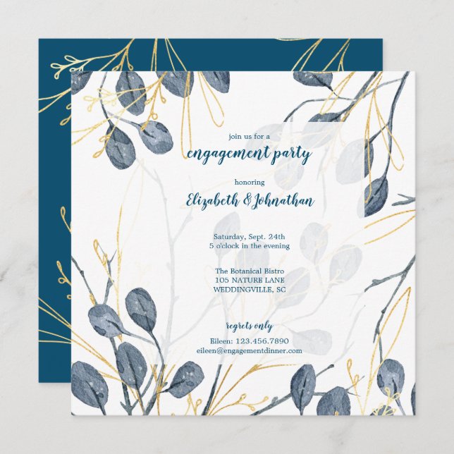 Invitation Eucalyptus Gold Aquarelle Jardin (Devant / Derrière)