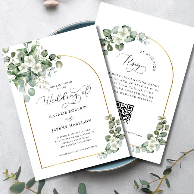 Invitation Eucalyptus Gold Arch QR Code tout en un Mariage (Créateur téléchargé)
