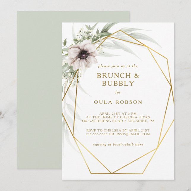 Invitation Eucalyptus Gold Brunch géométrique et Bubbly (Devant / Derrière)
