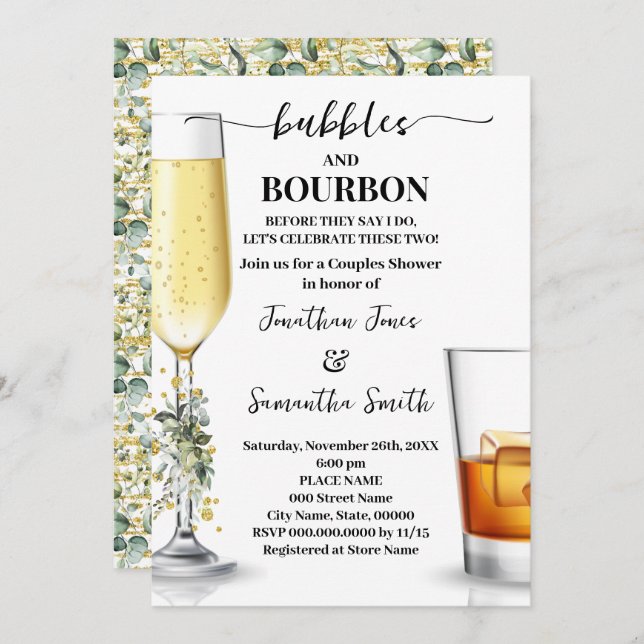 Invitation Eucalyptus Gold Bubbles & Bourbon Couples Douche (Devant / Derrière)