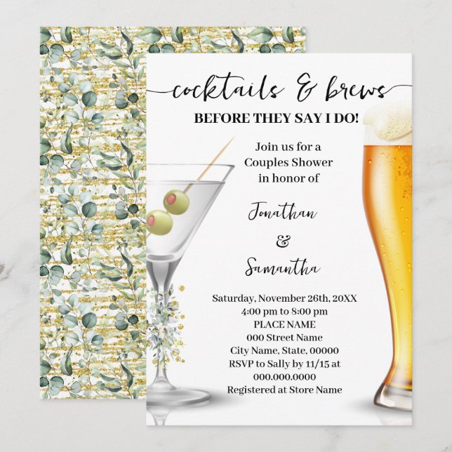 Invitation Eucalyptus Gold Cocktails & Brews Couples Douche (Devant / Derrière)