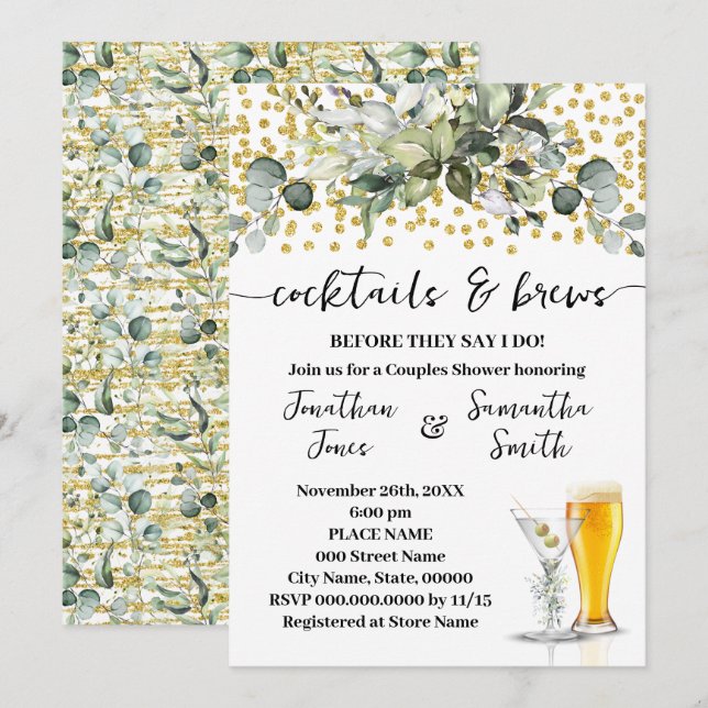 Invitation Eucalyptus Gold Cocktails et Brews Couples Douche (Devant / Derrière)