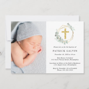 Invitation Eucalyptus Gold Cross Aquarelle Photo Baptême