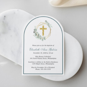 Invitation Eucalyptus Gold Cross Photo Arch Baptême