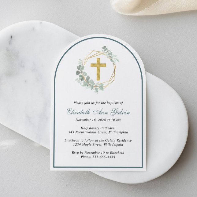Invitation Eucalyptus Gold Cross Photo Arch Baptême (Créateur téléchargé)