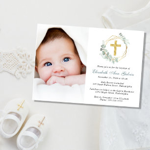 Invitation Eucalyptus Gold Cross Script Photo Baptême
