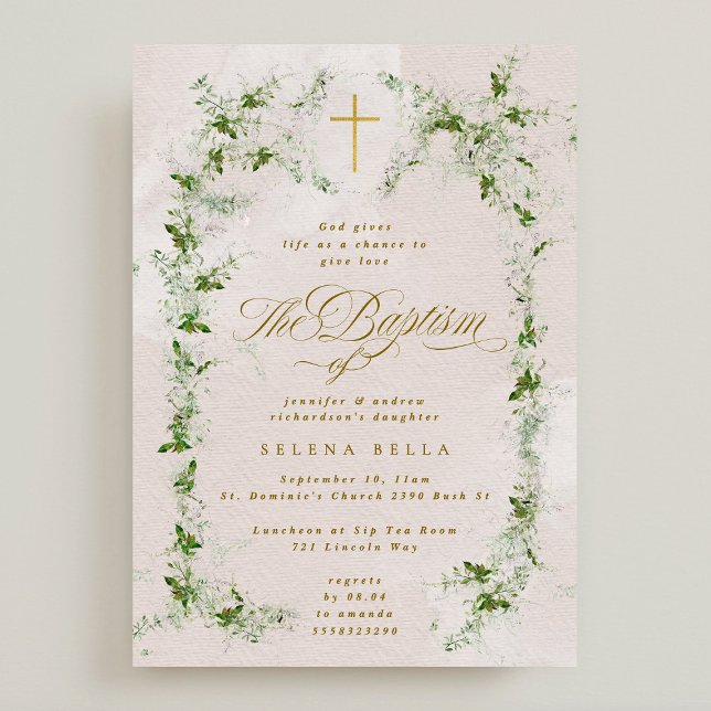 Invitation Eucalyptus Gold Cross Wreath Girl Baptism (Créateur téléchargé)