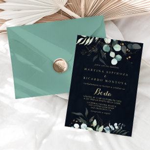 Invitation Eucalyptus Gold Floral Bleu Mariage espagnol