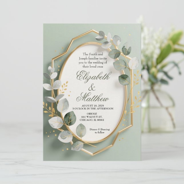 Invitation Eucalyptus Gold Geometric Frame Wedding Invite (Debout devant)