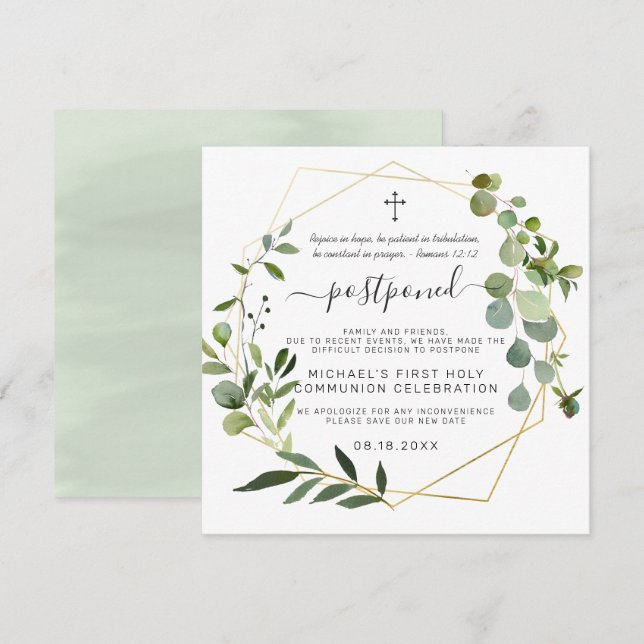 Invitation Eucalyptus Gold Géométrique | Communion reportée (Devant / Derrière)