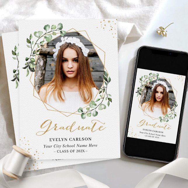Invitation Eucalyptus Gold Geometry Photo Graduation Party (Créateur téléchargé)
