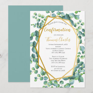 Invitation Eucalyptus Gold Green Floral Boy Girl Confirmation