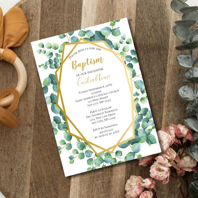 Invitation Eucalyptus Gold Green Floral Garçon fille Baptême (Eucalyptus Gold Frame Formal Baptism Invitation Baby Boy or Girl. Printed or Instant Download )